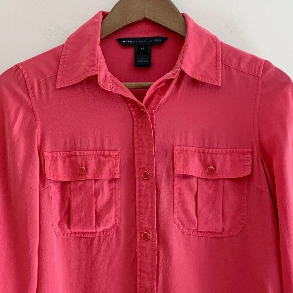 Marc by Marc Jacobs Pink Button Front Silk Blouse XS Luxury Workwear - Picture 2 of 8